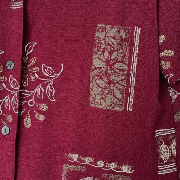 Liz Baker Womens Short Sleeve Button Up Top Sz S Maroon Botanical Island Resort - Picture 5 of 8
